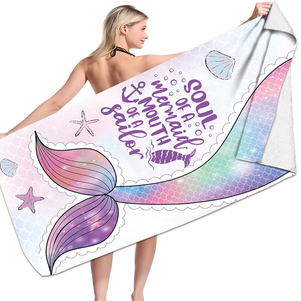 Microfiber bath towel with mermaid design and inspirational quote, perfect for beach or bath use.