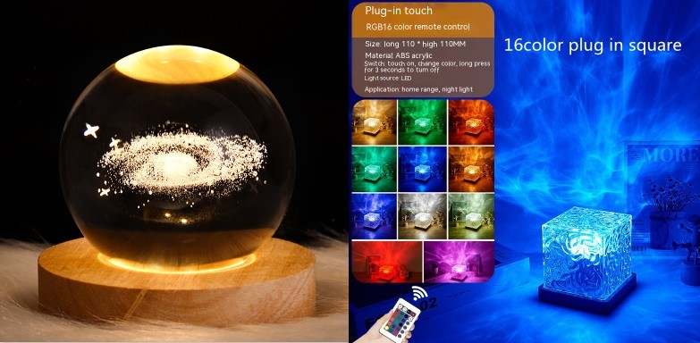 LED Water Ripple ambient night light with 16 color RGB dimmable USB rechargeable rotating crystal table lamp with remote control for home decoration