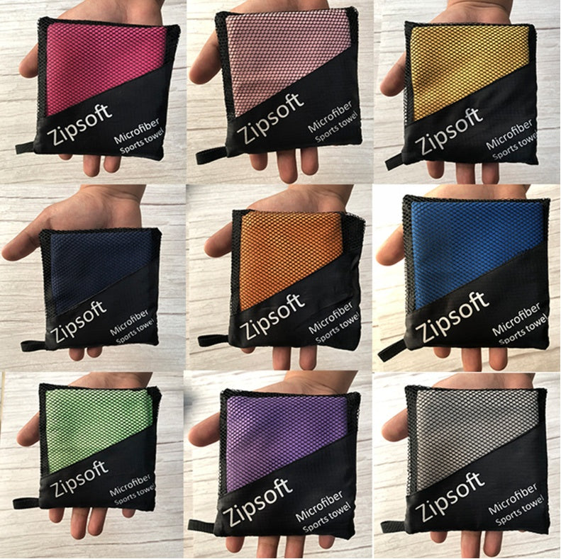 Exercise towel in various colors, made of superfine polyester fiber, available in multiple sizes.