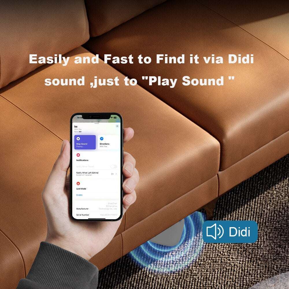 Bluetooth GPS tracker in use with "Play Sound" feature on a smartphone to locate items.