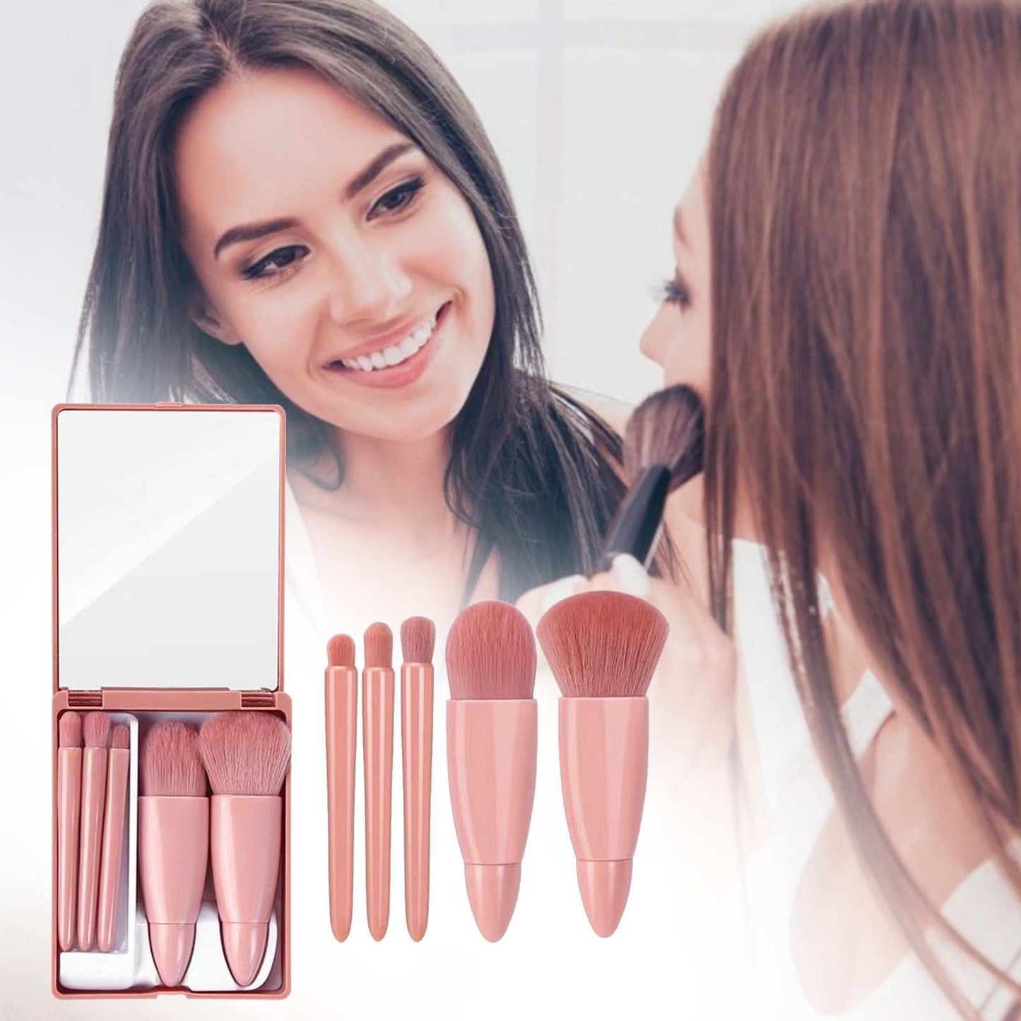 5-piece makeup brush set with mirror, featuring pink cruelty-free synthetic bristles for powder, foundation, blush, and eye shadow application.