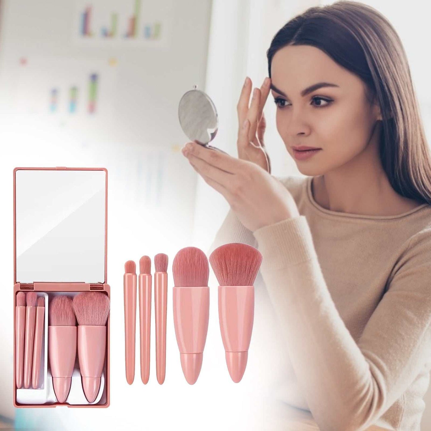 5-piece makeup brushes set with mirror, featuring pink cruelty-free synthetic bristles for powder, blush, foundation, and eyeshadow application.