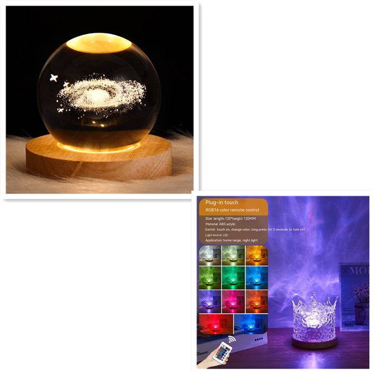 LED Water Ripple ambient night light with USB charging, 16 RGB colors, remote control, and crystal rotating projection table lamp for home decor