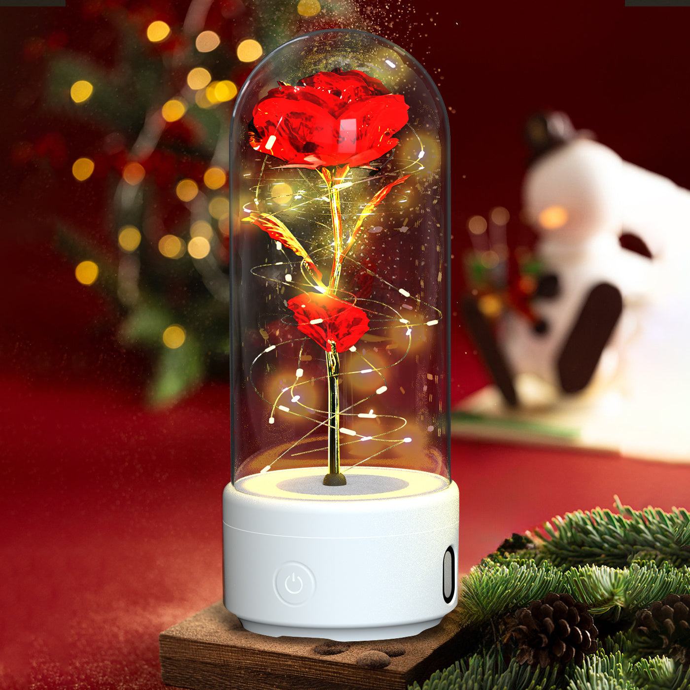Creative 2 in 1 rose flower LED light and Bluetooth speaker in a glass dome with lit red roses for romantic decoration