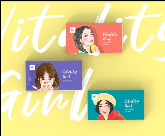 Colorful packaging design for "Vitality Girl" disposable facial cleansing wipes against a bright yellow background.