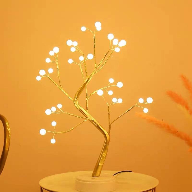 LED copper wire light shaped like a golden tree with glowing round bulbs on branches, ideal for bedroom decoration