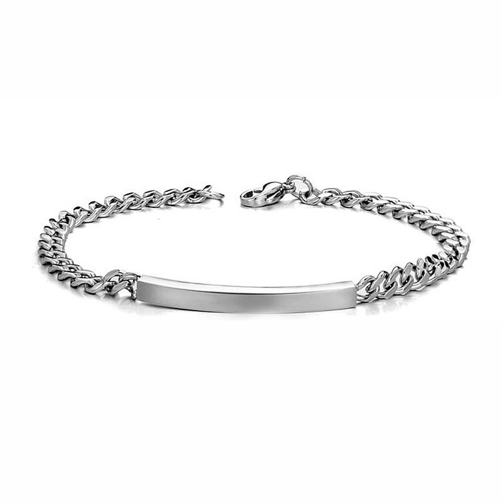 Titanium steel curved plate bracelet in polished silver, ideal for fashion-forward men and women.