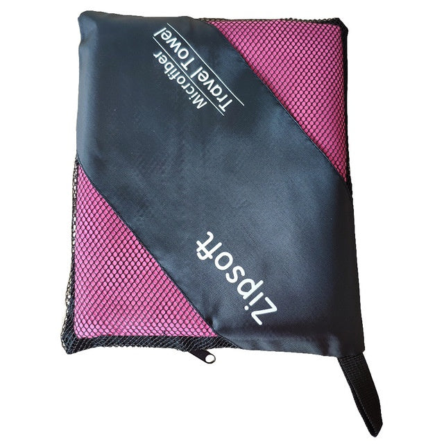 Microfiber exercise towel with black and purple design.