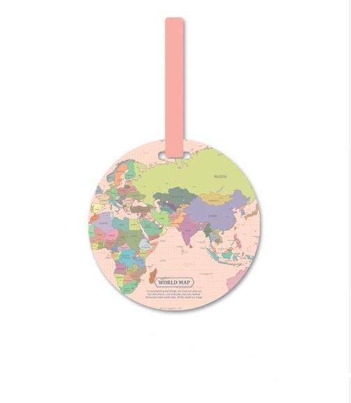 Luggage tag with world map design and pink strap.