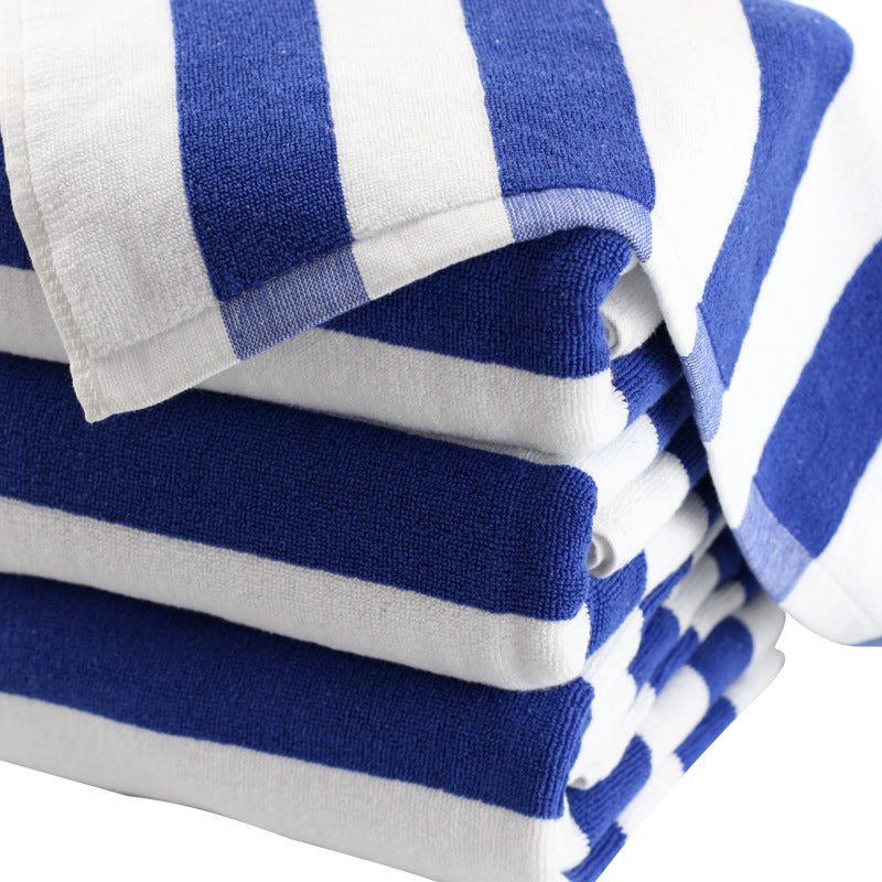 Blue and white stripe cotton yarn-dyed jacquard bath towel.