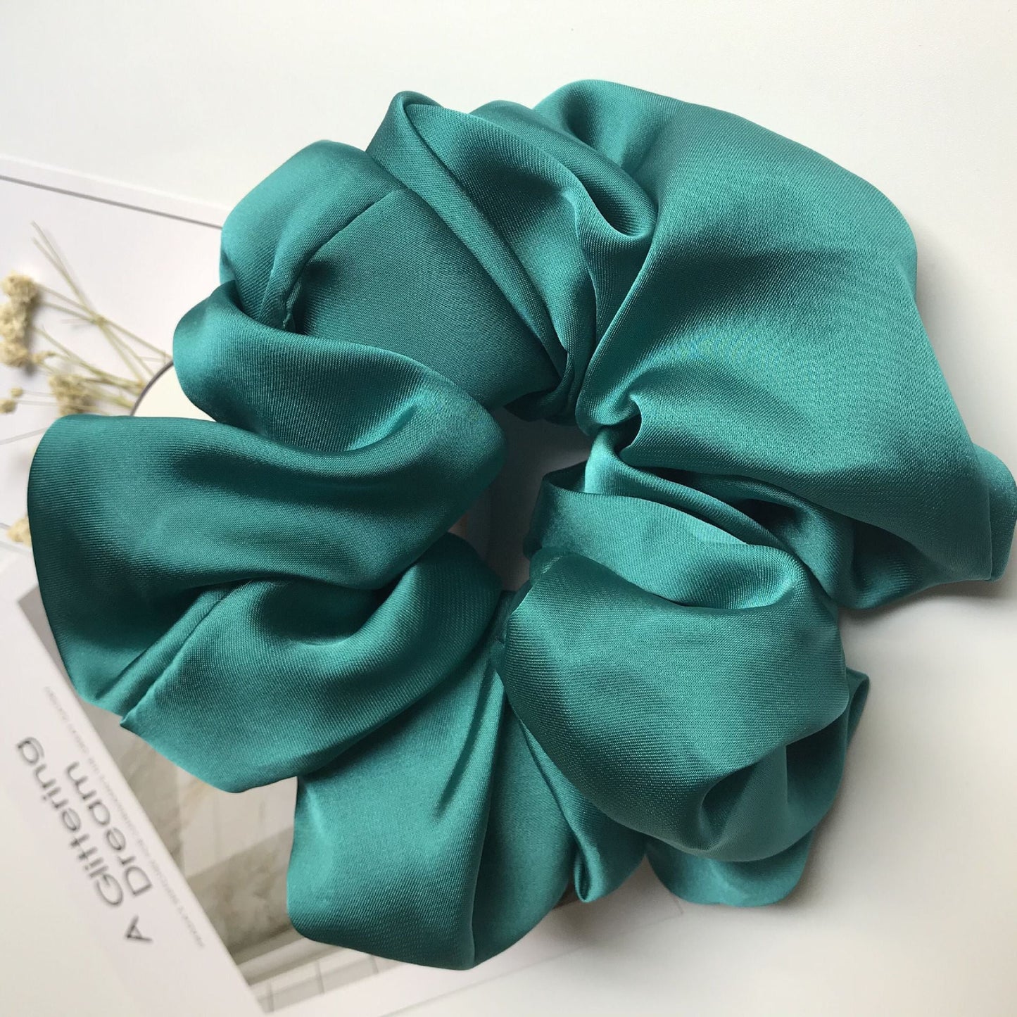 Oversized smooth satin hair tie in teal, handmade and stylish for women's headwear.