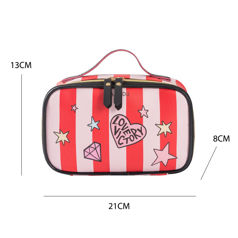 Small red and pink portable toiletry bag with zipper, letter pattern, PU leather material.