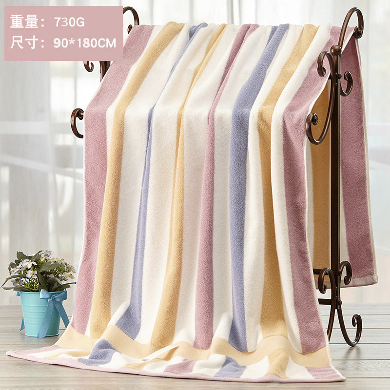 Blue and pink vitality striped cotton absorbent large bath towel, 90x180cm, displayed on rack.