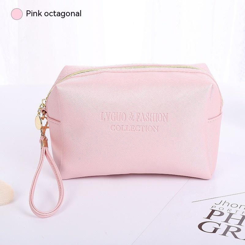 Waterproof pink storage bag with zipper, PU leather, medium-sized.