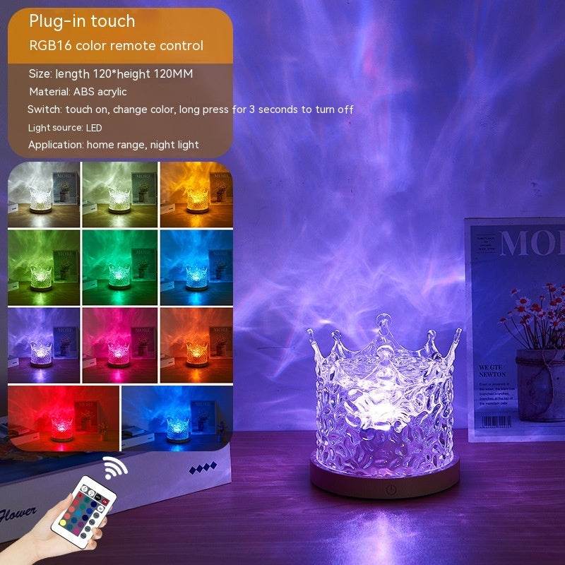 LED water ripple crystal table lamp with 16 RGB colors, USB rechargeable and remote control, creating dynamic water ripple light effect for home decoration and ambient night light.