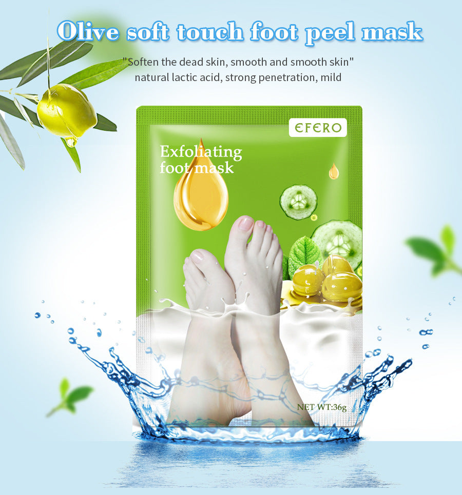 Exfoliating foot mask packaging with olive extract, designed to soften and rejuvenate skin.