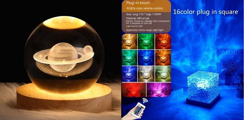 LED Water Ripple ambient night light with 16 RGB colors, USB rechargeable, remote control, and rotating crystal design for home decoration