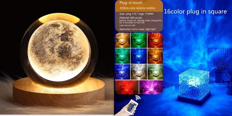 LED Water Ripple ambient night light with USB charging, remote control, 16 color options, and rotating crystal design for home decoration