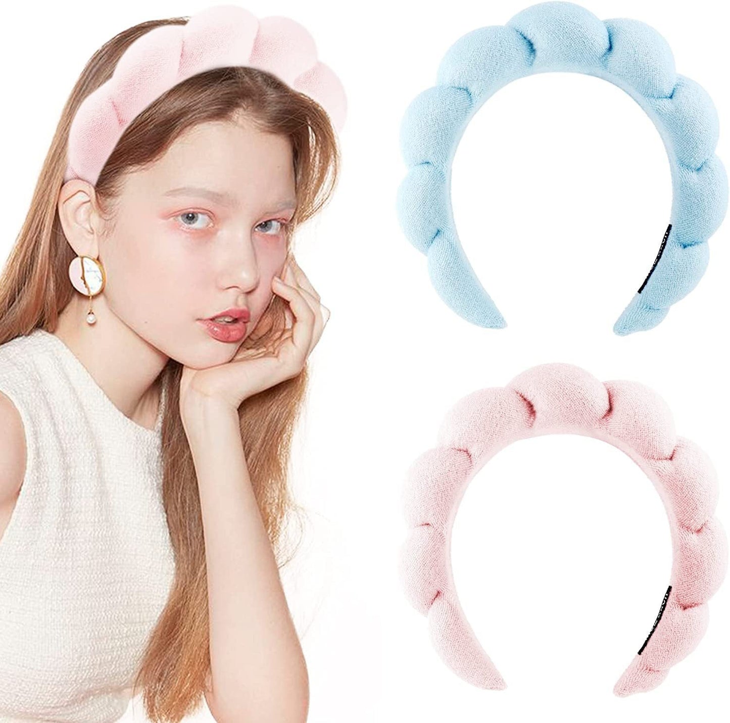 SPA headband band in pink and blue plush, ideal for hair care and beauty routines.