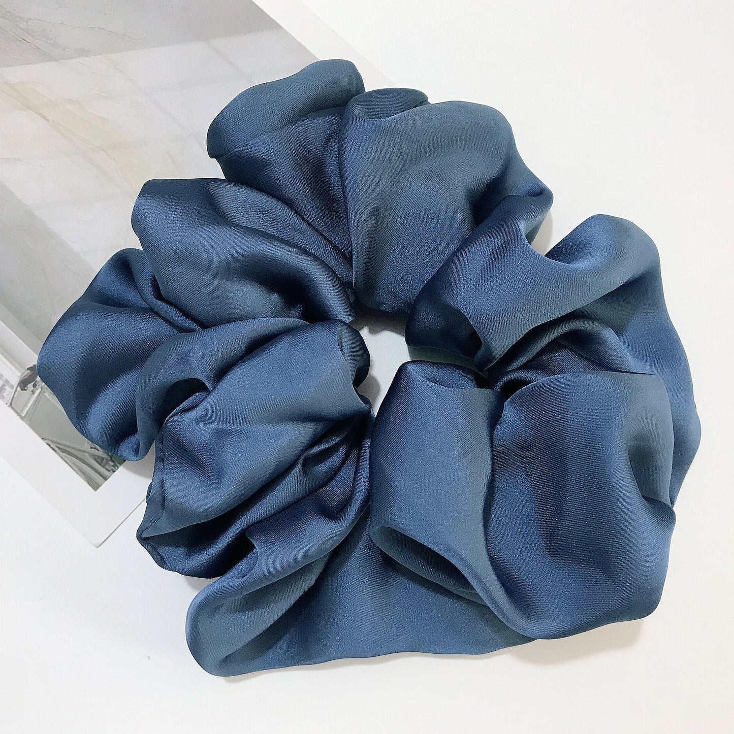 Oversized smooth satin large intestine circle hair tie in blue, handmade cloth headwear for women.