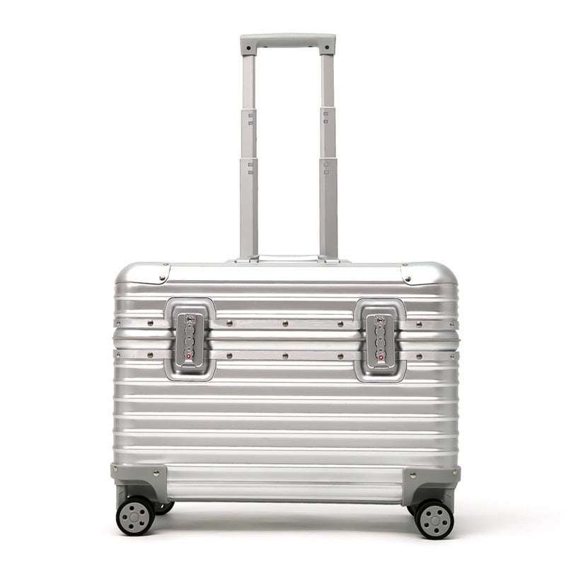 All-aluminum luggage trolley in silver with four wheels and extendable handle.