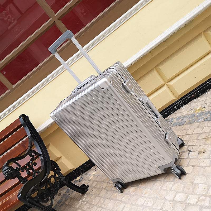 Aluminum alloy frame suitcase with universal wheels, waterproof and anti-theft features.