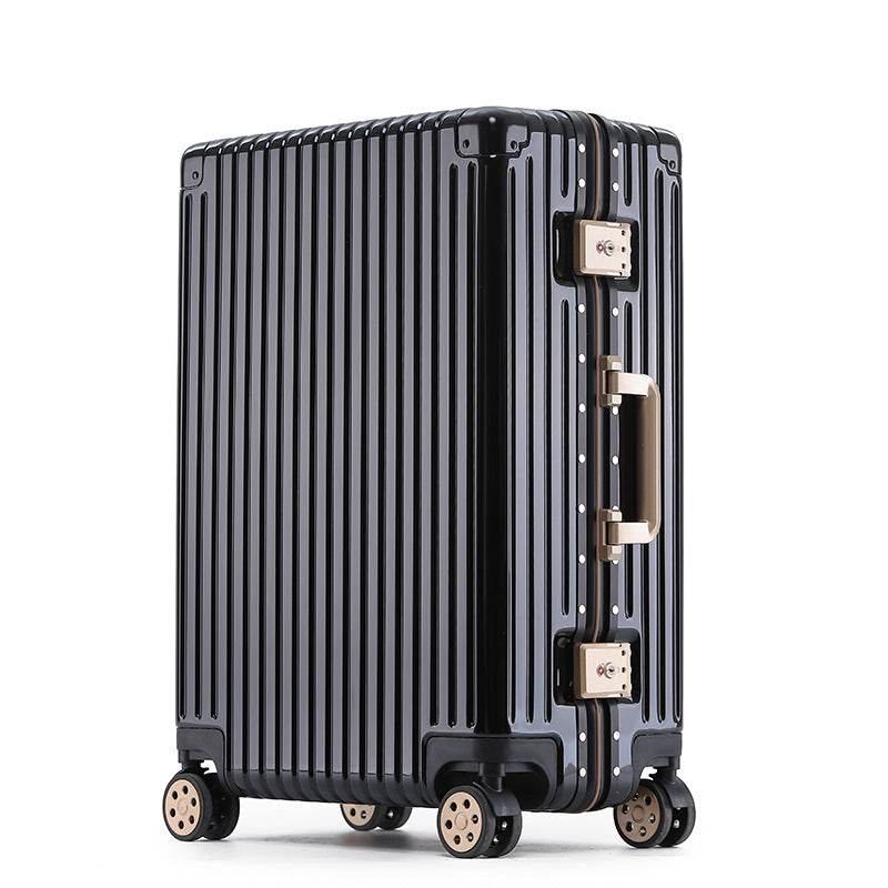 Aluminum alloy frame suitcase with universal wheels and lock.