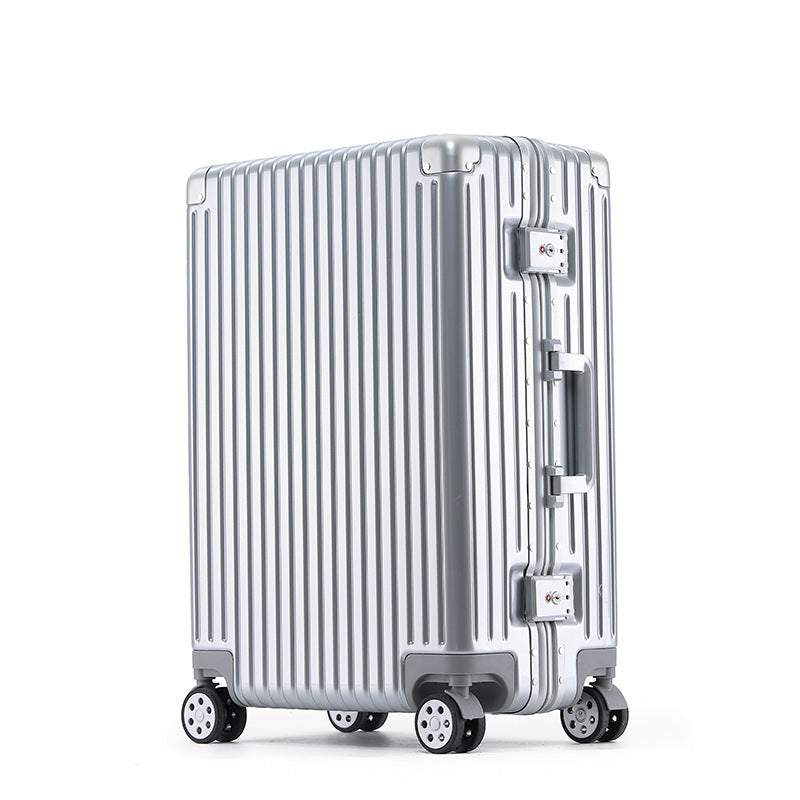 Aluminum alloy frame suitcase with universal wheels and anti-theft lock, silver finish.