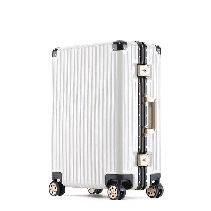 Aluminum alloy frame suitcase with universal wheels and secure lock.