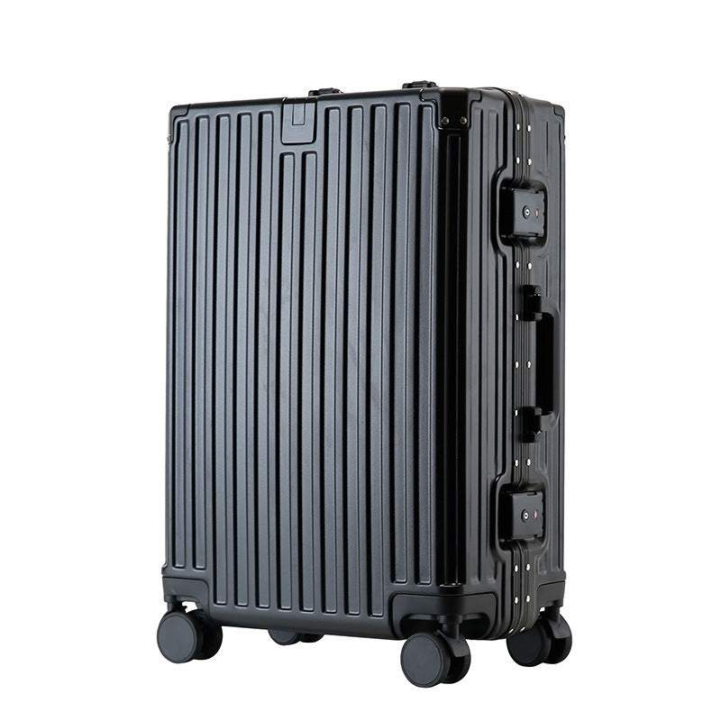 Durable black aluminum frame luggage with universal wheels and upgraded features.