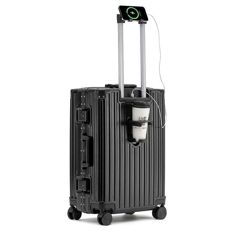 Durable aluminum frame luggage with USB and wheels.