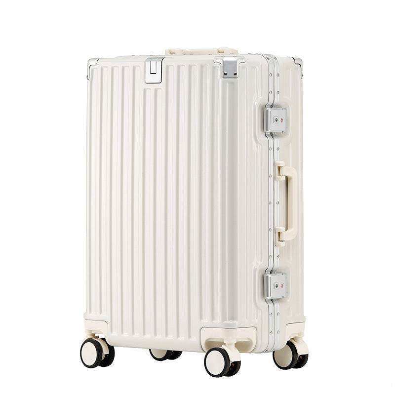 Durable aluminum frame luggage with universal wheels and neutral design.