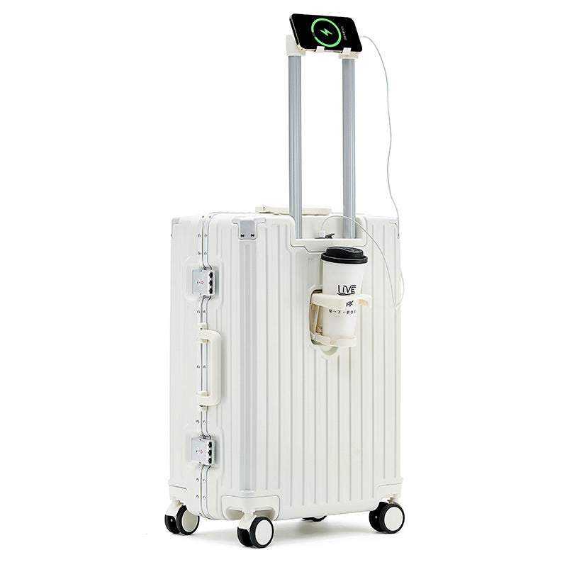 White aluminum frame luggage with universal wheels, USB interface, phone holder, and cup holder.