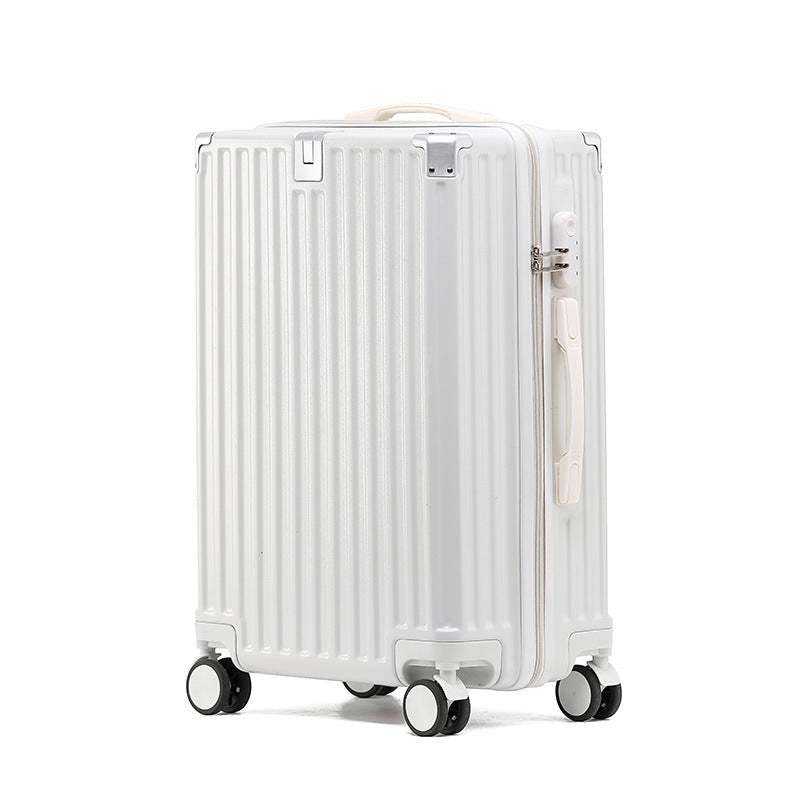 White aluminum frame luggage with universal wheels and secure lock.