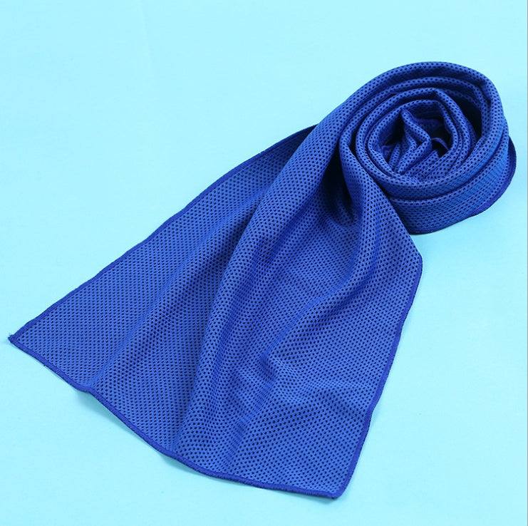 Blue cooling towel made of polyester with cold silk, rolled on a light blue background.