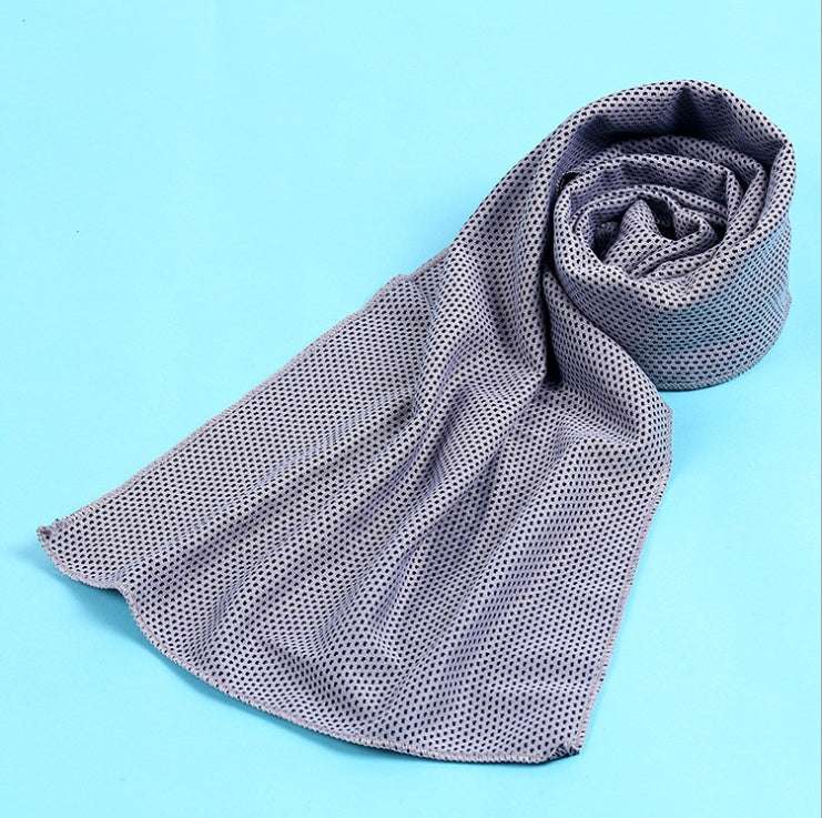Cooling towel made of polyester with cold silk, plain weave design, displayed on a blue background.