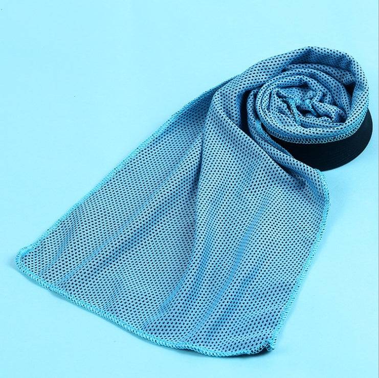 Blue polyester cooling towel with cold silk blend, plain weave texture.