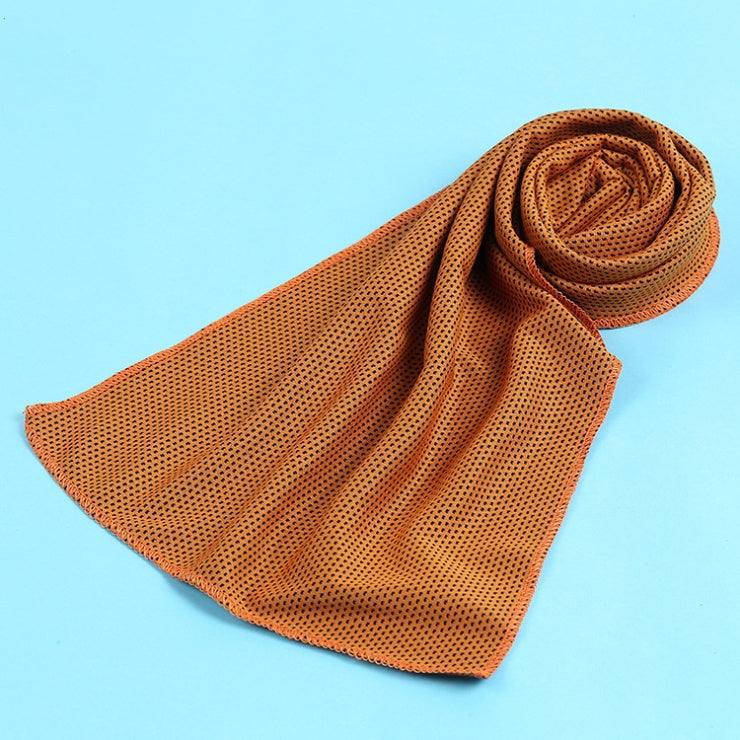 Cooling towel made of polyester with cold silk, featuring a plain weave design on a blue background.