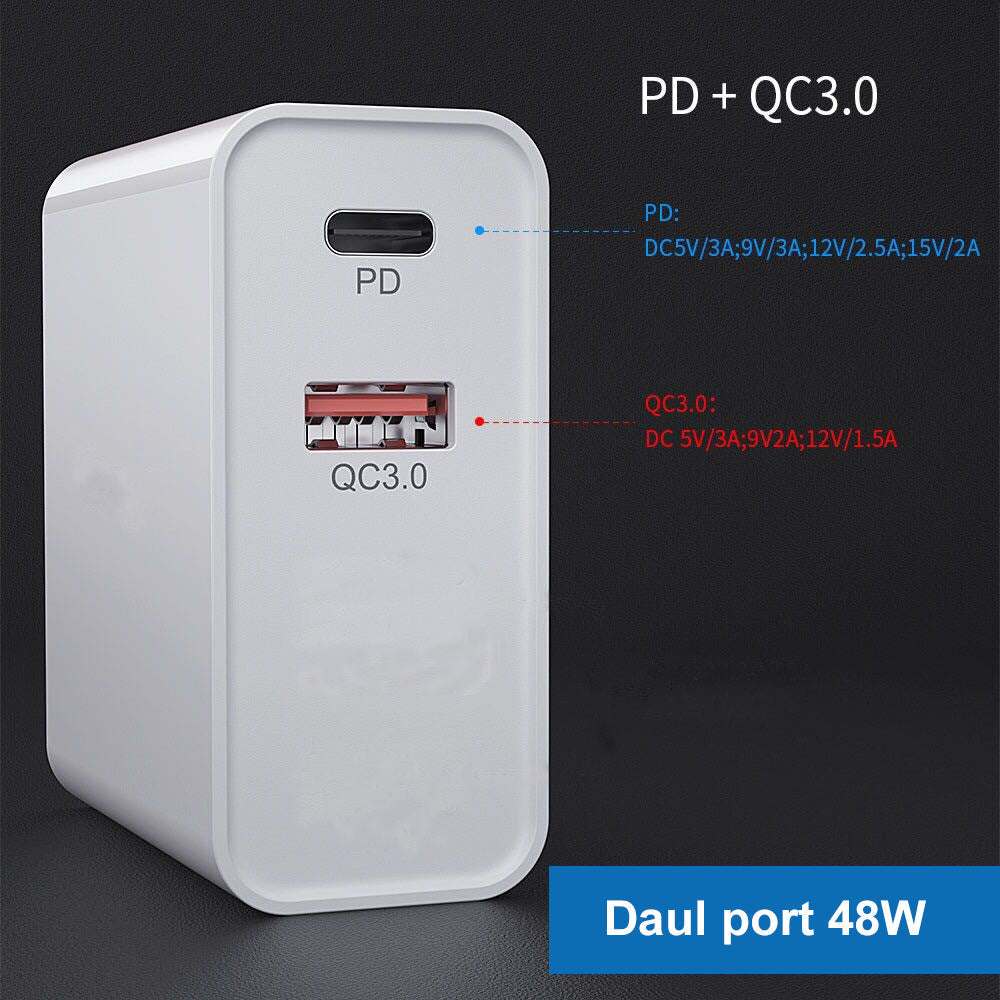 Fast charge charger with PD and QC3.0 ports in white, dual port 48W.