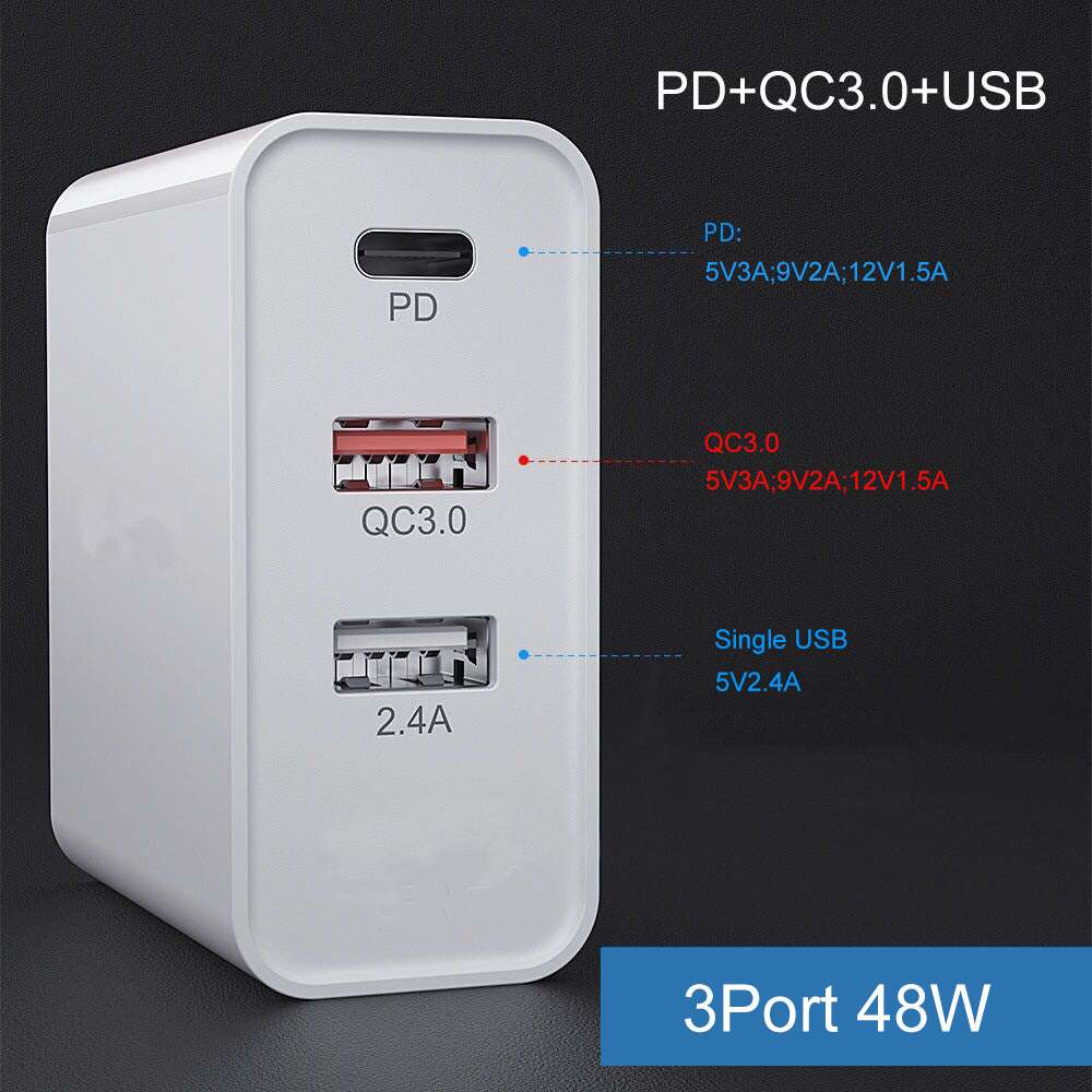 3-port fast charge charger with PD, QC3.0, and USB support in white.
