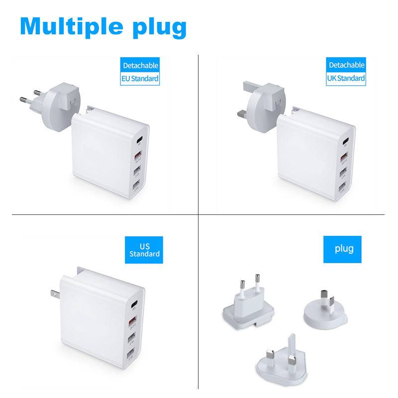 Fast charge mobile phone charger with multiple plug options and port configurations, in white.