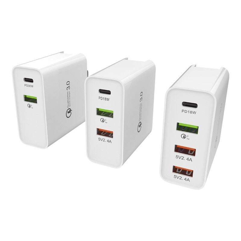 Fast Charge Charger with multiple USB ports for efficient charging in white casing.