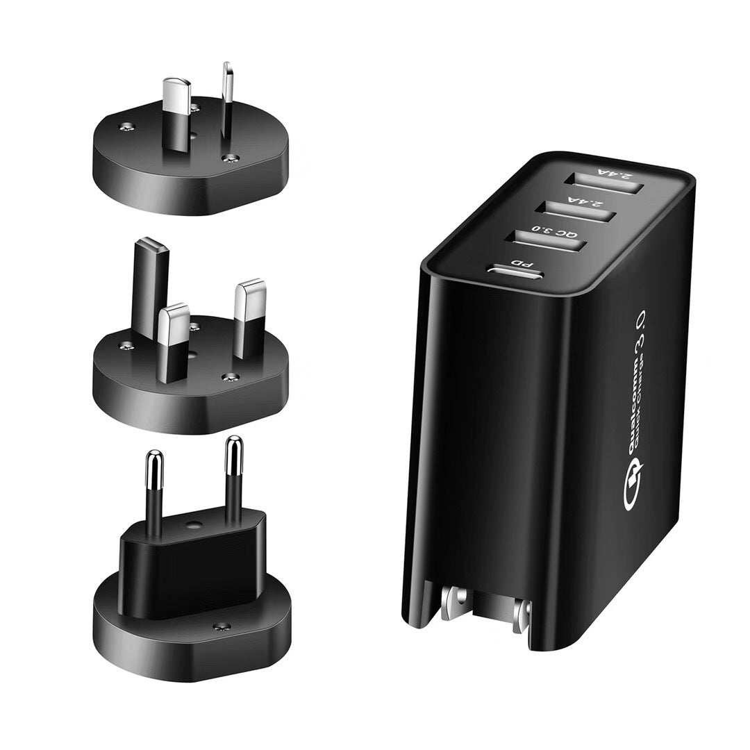 Fast charge mobile phone charger with multiple plug configurations.