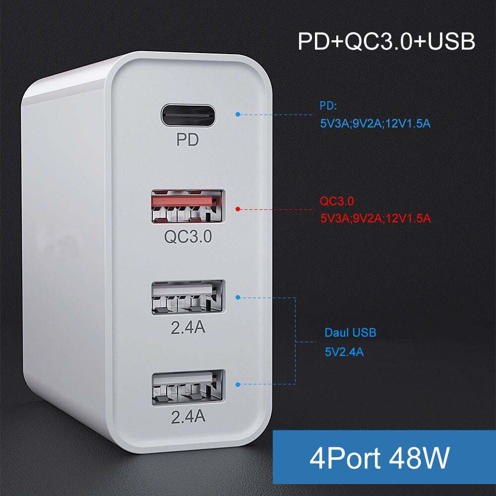 Fast charge charger with 4 ports, supports PD and QC, white design for efficient mobile charging.