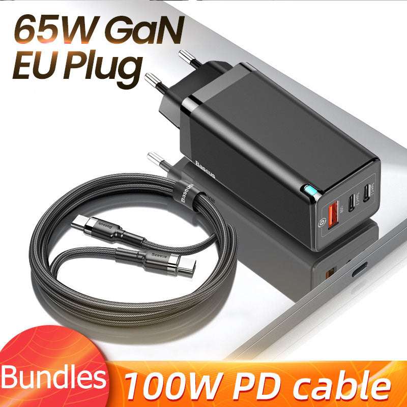 Fast mobile phone charger with EU plug, featuring 65W GaN technology and 100W PD cable.