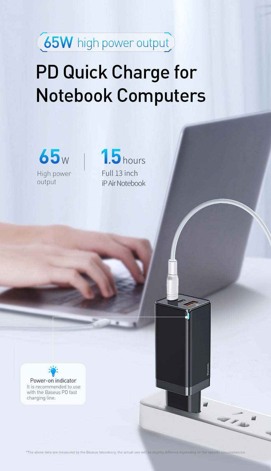 65W fast mobile phone charger with Quick Charge technology and multiple ports for high-speed charging.