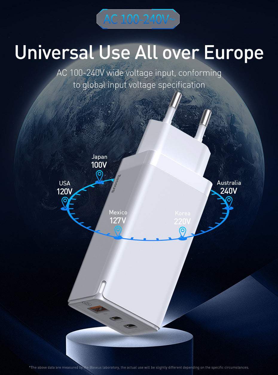 Fast mobile phone charger with global voltage compatibility (AC 100-240V), featuring Quick Charge technology.