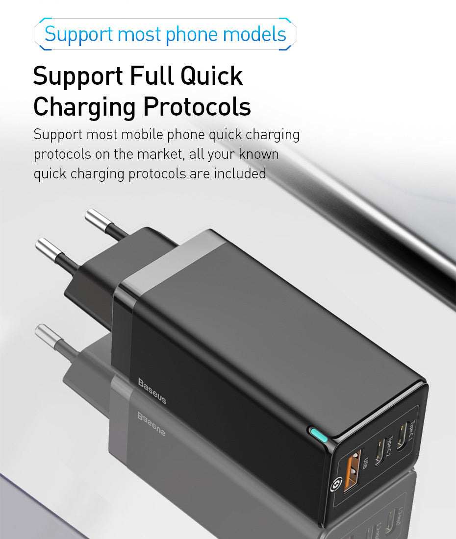 Fast mobile phone charger with Quick Charge 4.0 and 3.0, featuring dual Type-C and USB ports.