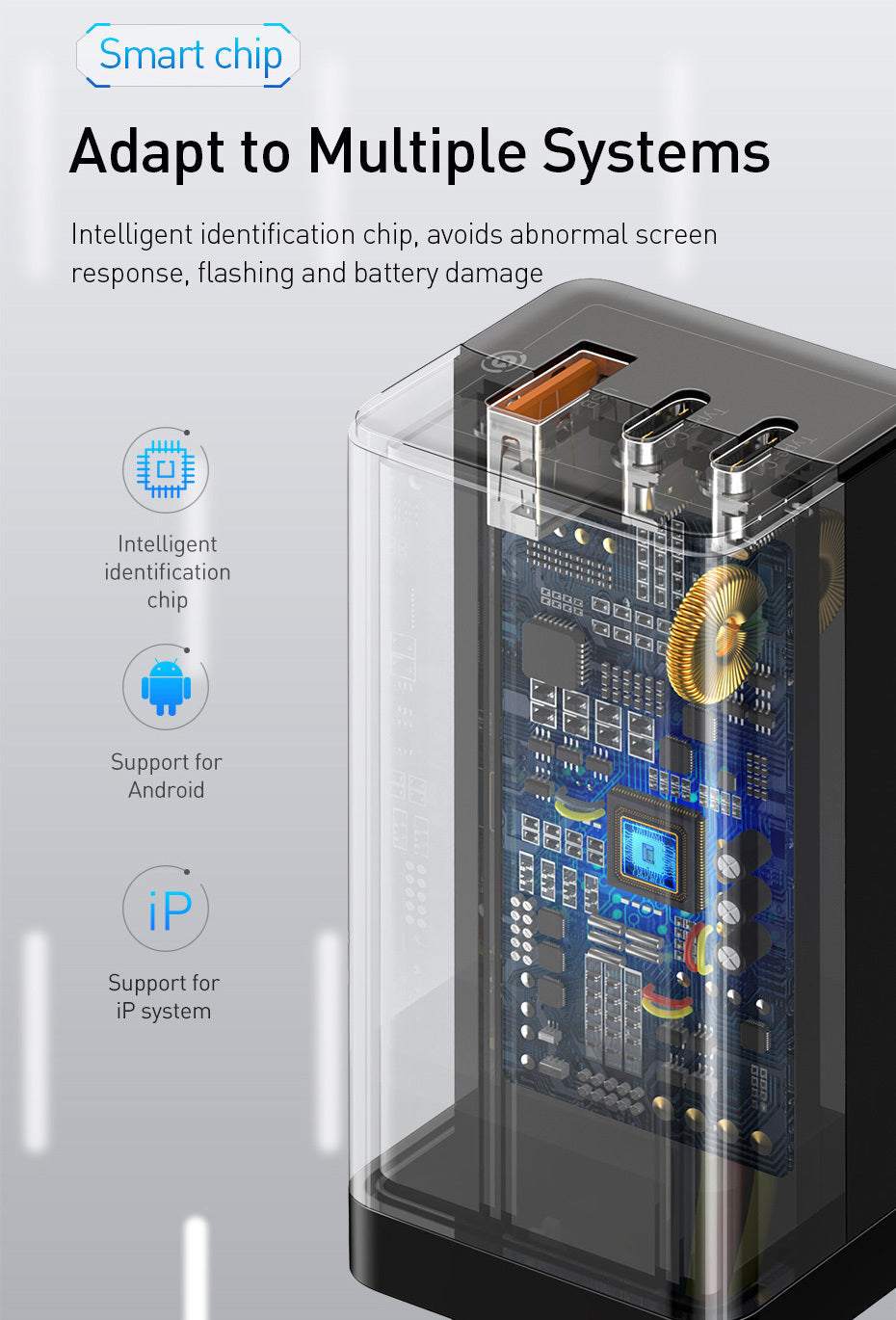 Fast mobile phone charger with smart chip and multi-system compatibility, featuring three ports.