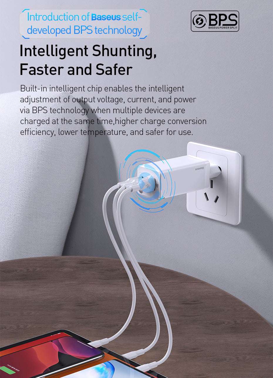Fast mobile phone charger with Quick Charge technology, three ports, plugged into outlet.